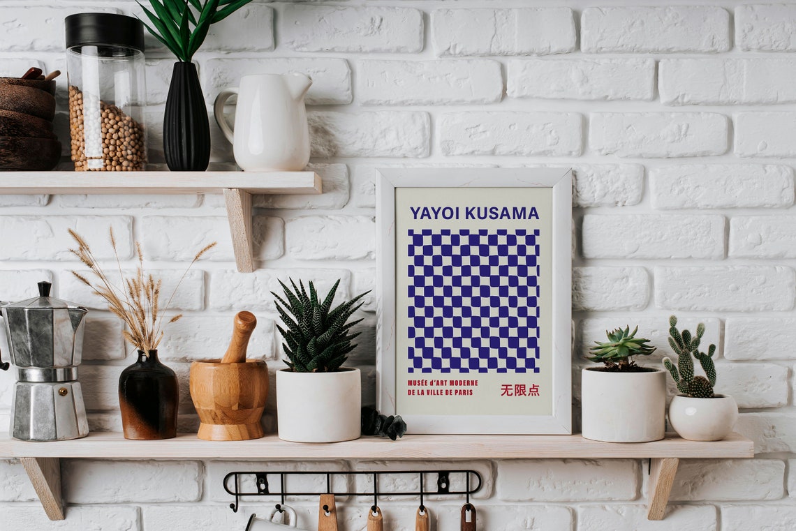 Yayoi Kusama Style Ultramarine Blue Checkered Bold Art Poster - Image 3