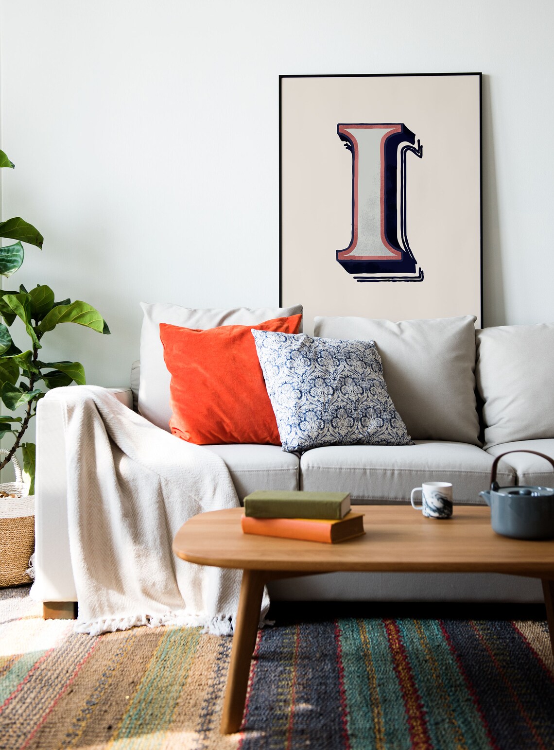 Letter I Navy Coral Deco Alphabet Typography Eclectic Bedroom Decor Poster - Image 2