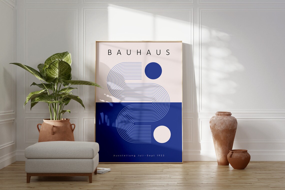 Bauhaus 1923 Exhibition Geometric Abstract Navy Blue Mid Century Poster