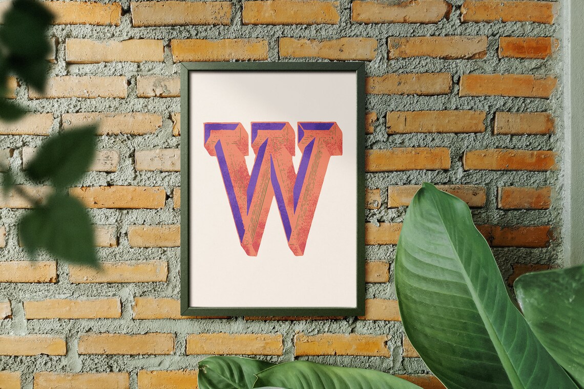 Letter W Coral Purple Woodblock Alphabet Typography Creative Studio Poster - Image 5