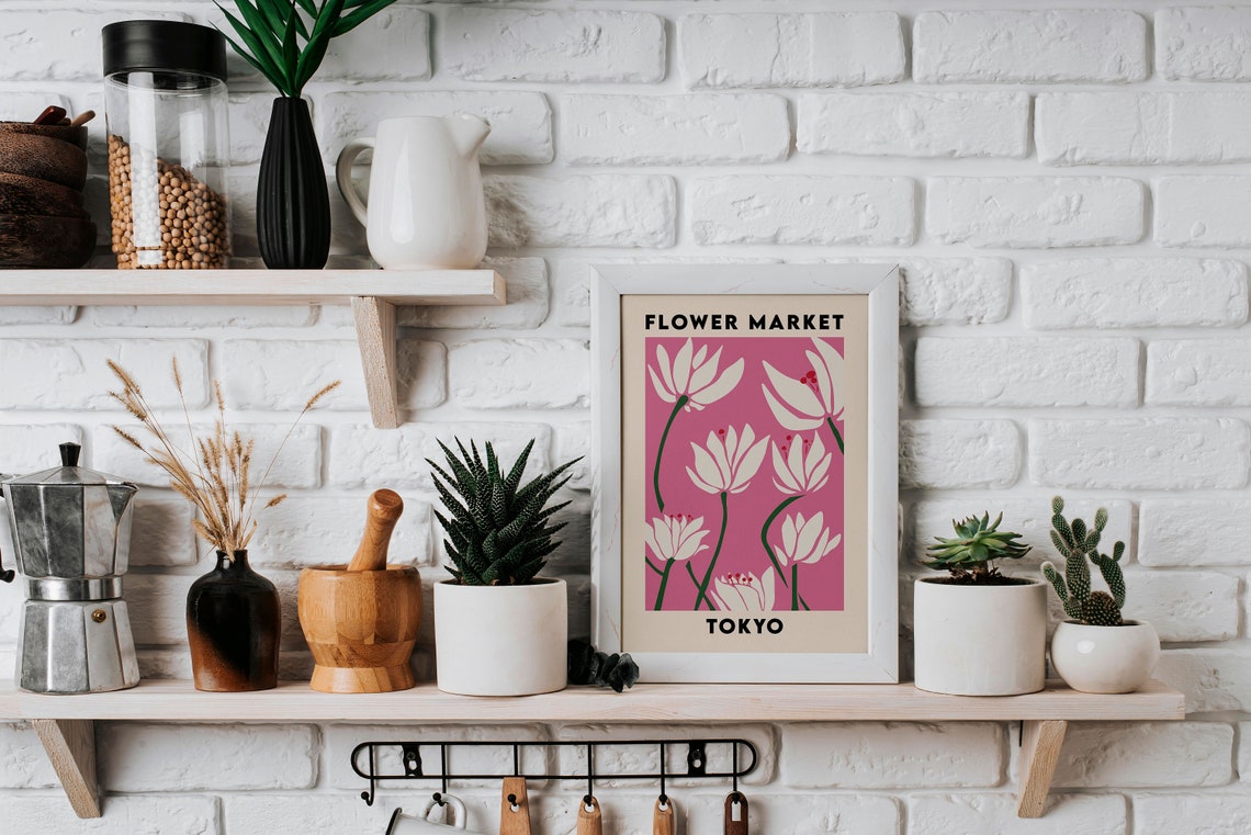 Tokyo Flower Market Pink Background Print White Lily Floral Artwork - Image 2