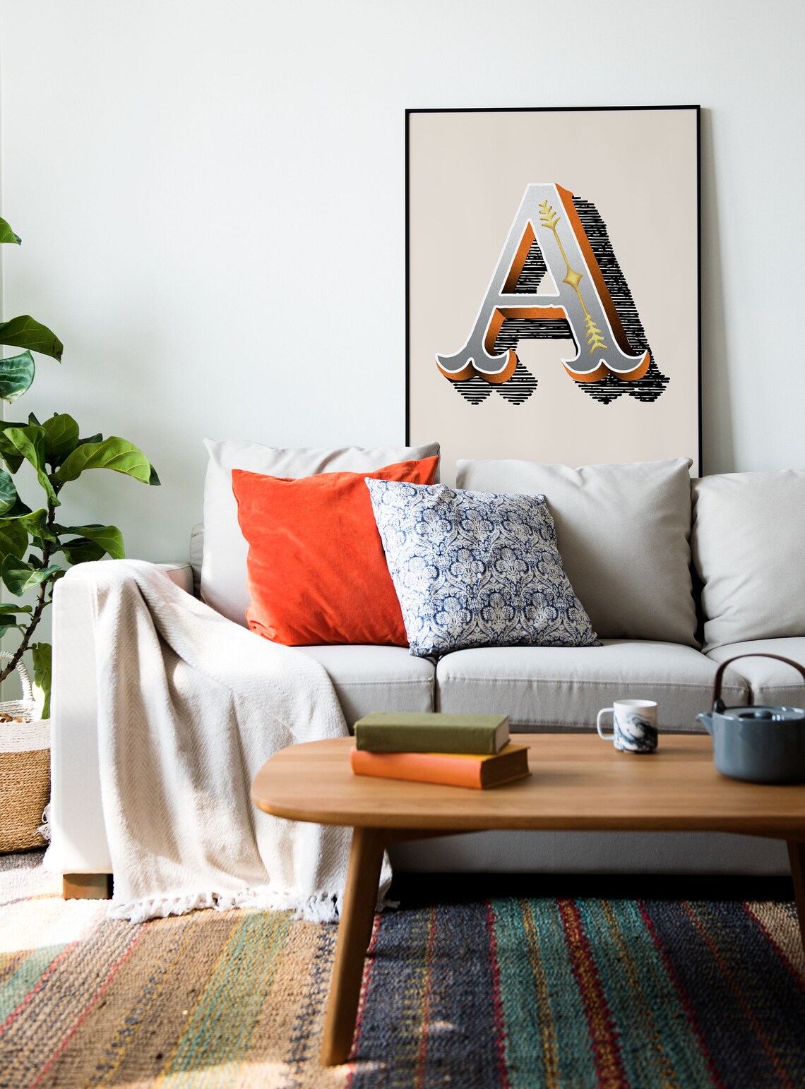 Letter A Orange Gold Serif Alphabet Typography Eclectic Home Decor Poster - Image 2