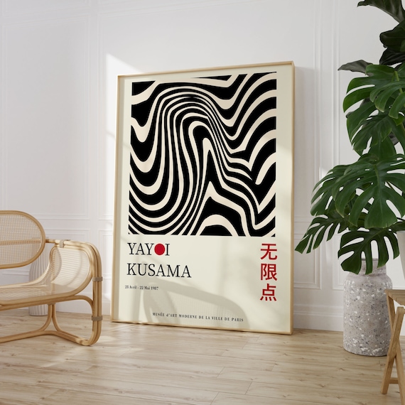 Yayoi Kusama Bold Black Wavy Lines on Cream 1987 Exhibition Poster