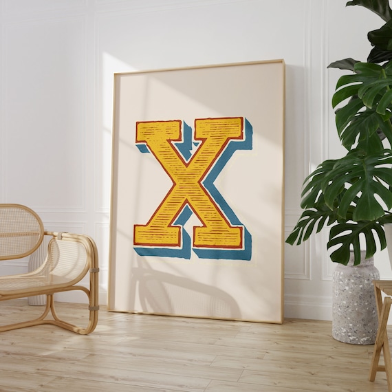 Letter X Golden Yellow Teal Striped Alphabet Typography Playroom Poster