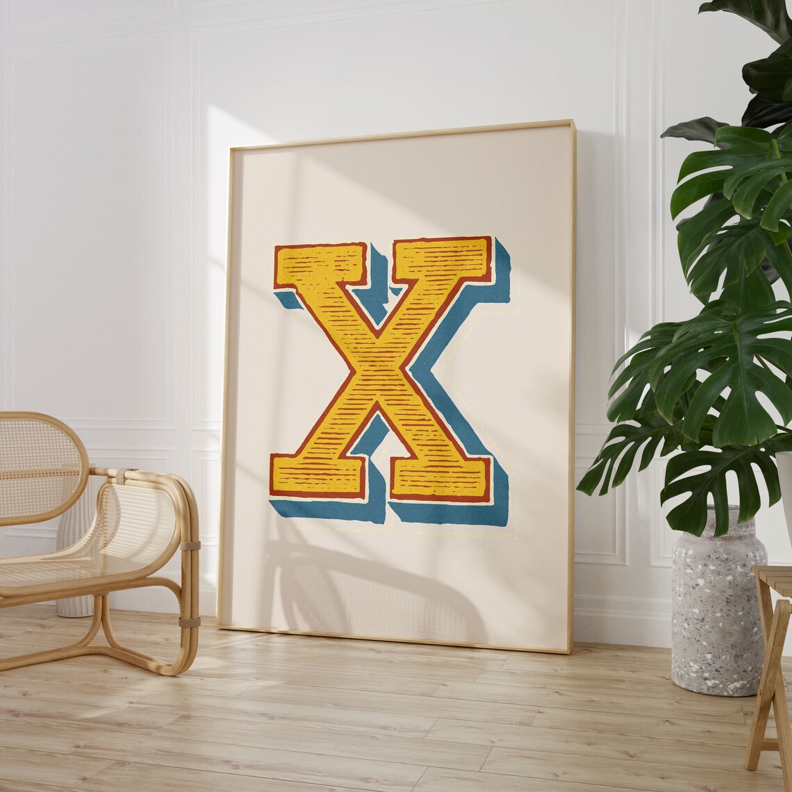 Letter X Golden Yellow Teal Striped Alphabet Typography Playroom Poster