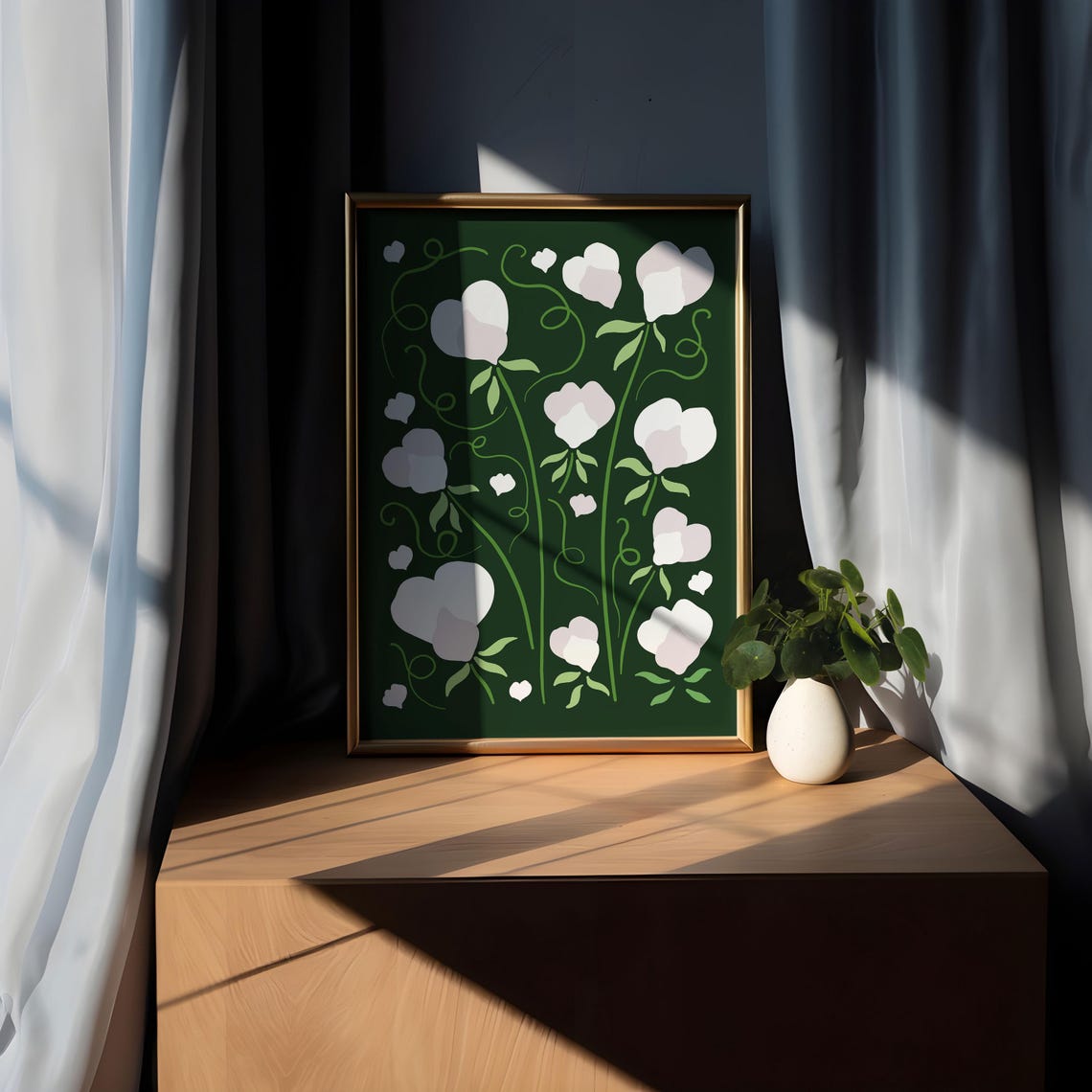 White Sweet Pea Moody Dark Green Botanical Illustration Poster - Image 5