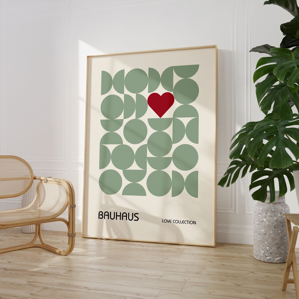 Sage Green Geometric Circle Heart Bauhaus Love Collection Poster