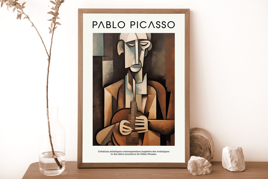Picasso Style Cubist Guitarist Portrait Moody Brown Sepia Abstract Poster - Image 4