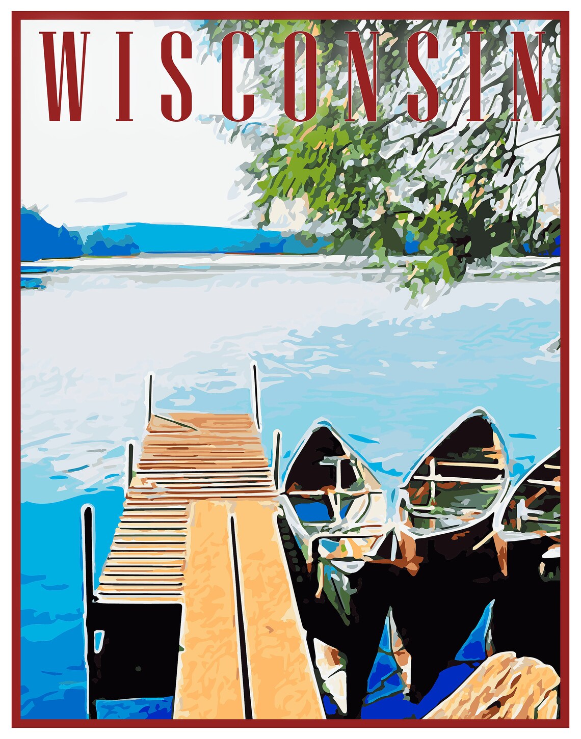 Wisconsin Lakeside Dock with Canoes Retro Travel Poster Gift
