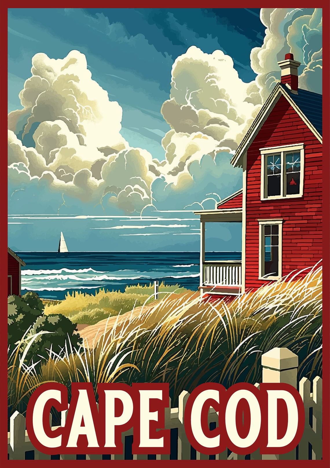 Cape Cod Red Beach Cottage with Sailboat Coastal Travel Poster