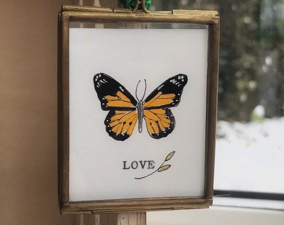 Mini Framed Hand Painted Butterflies In Brass Hanging Frames