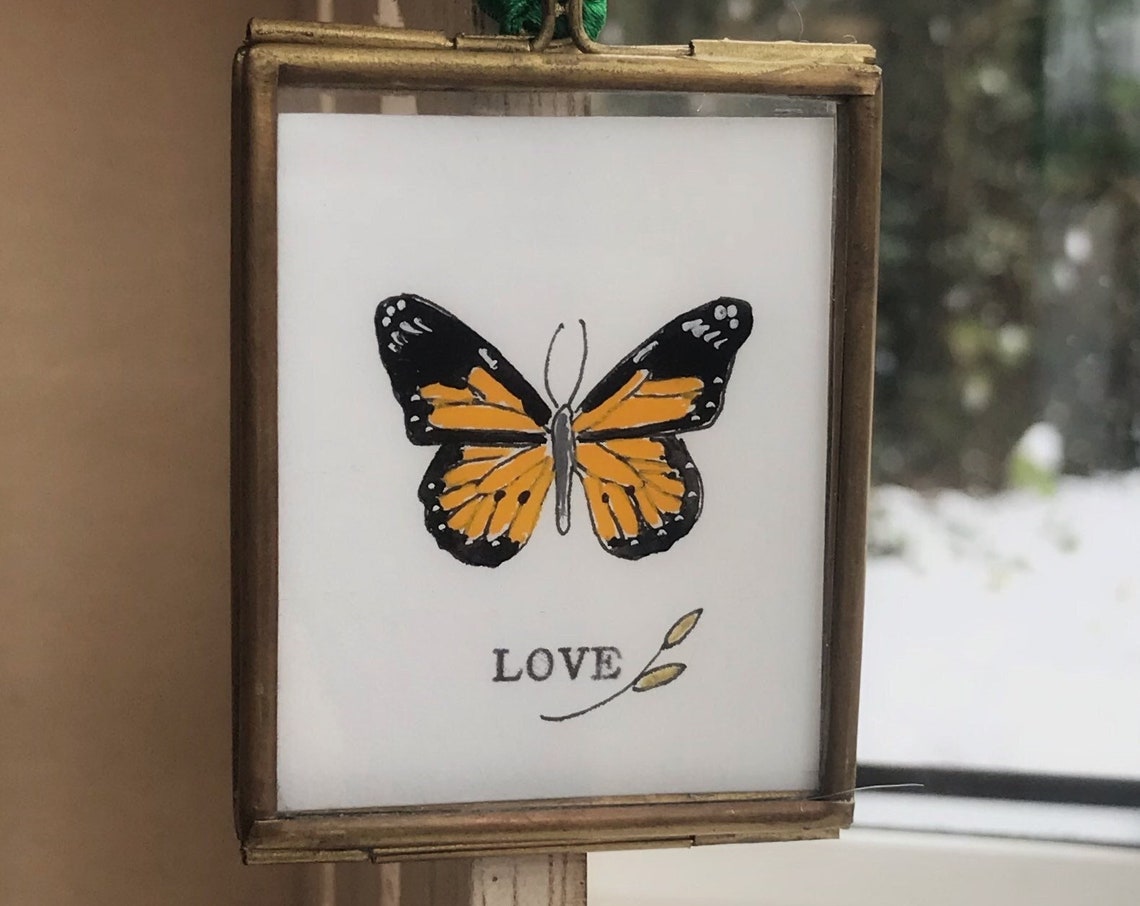Monarch Butterfly Love Mini Brass Hanging Frame Hand Painted Art Print