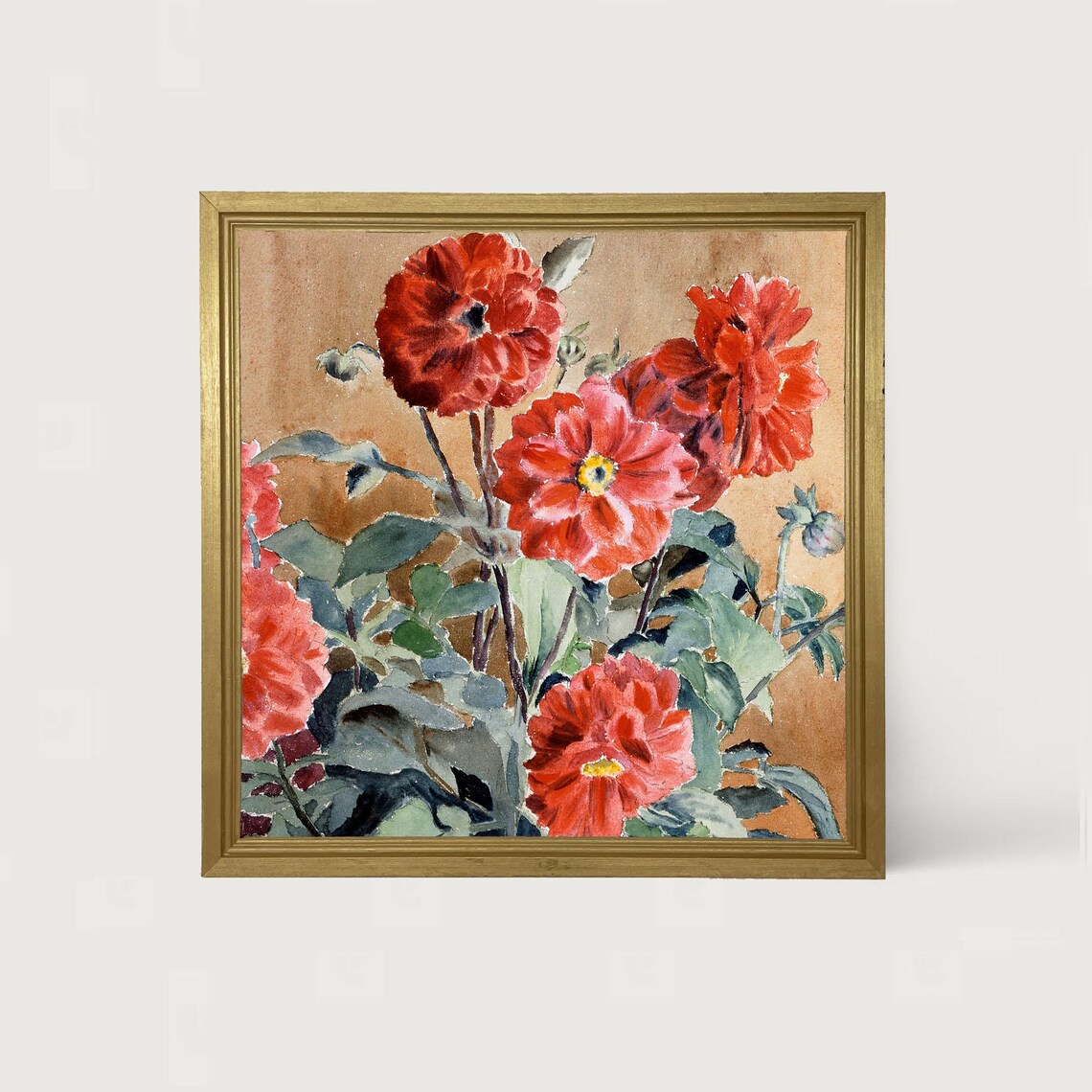 Red Mums Watercolor Botanical Wall Art Poster