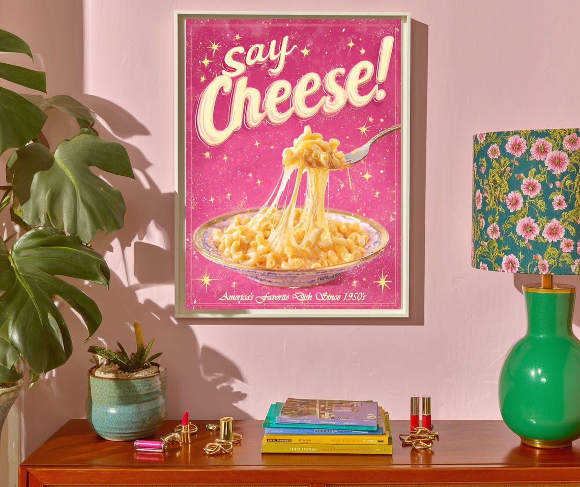 Fun Say Cheese Retro Mac and Cheese Pink Kitchen Pop Style Poster
