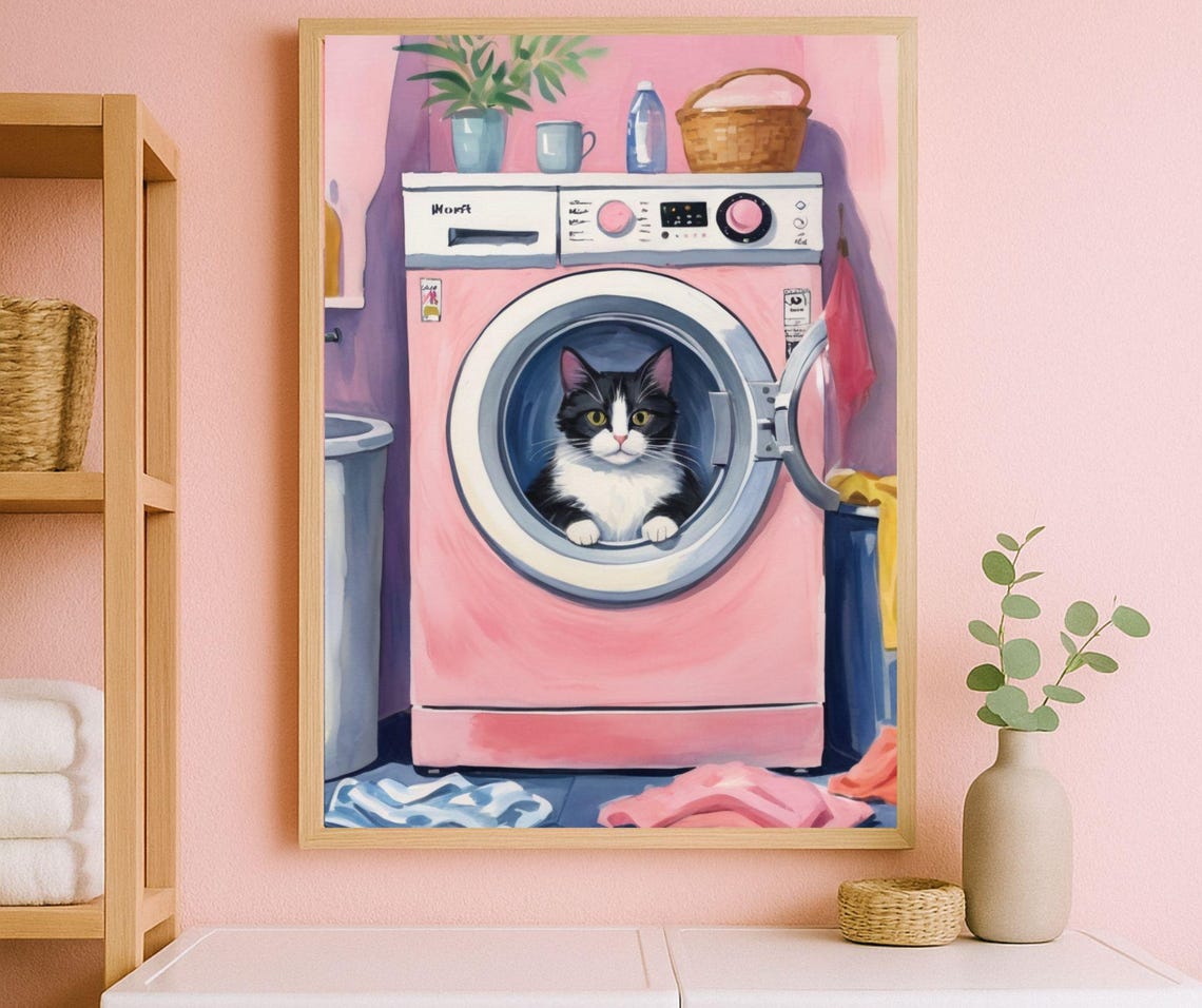 Funny Laundry Room Poster Cat Prints Cute Wall Decor