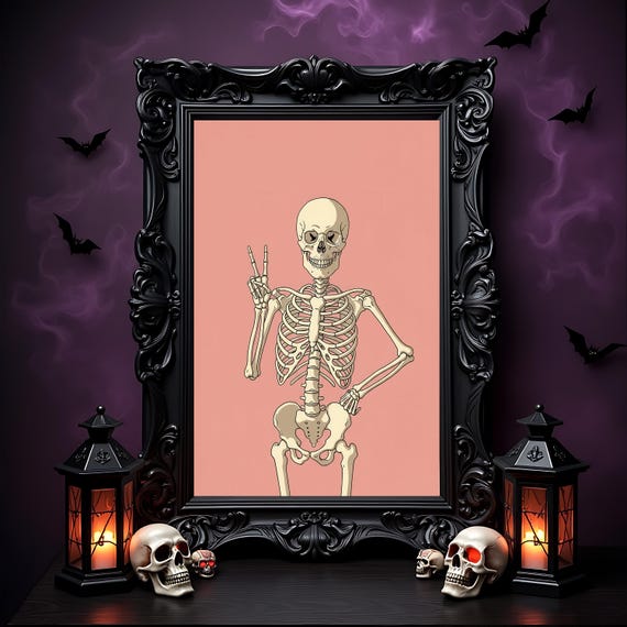 Peace Sign Skeleton Art Print Pink Gothic Halloween Decor