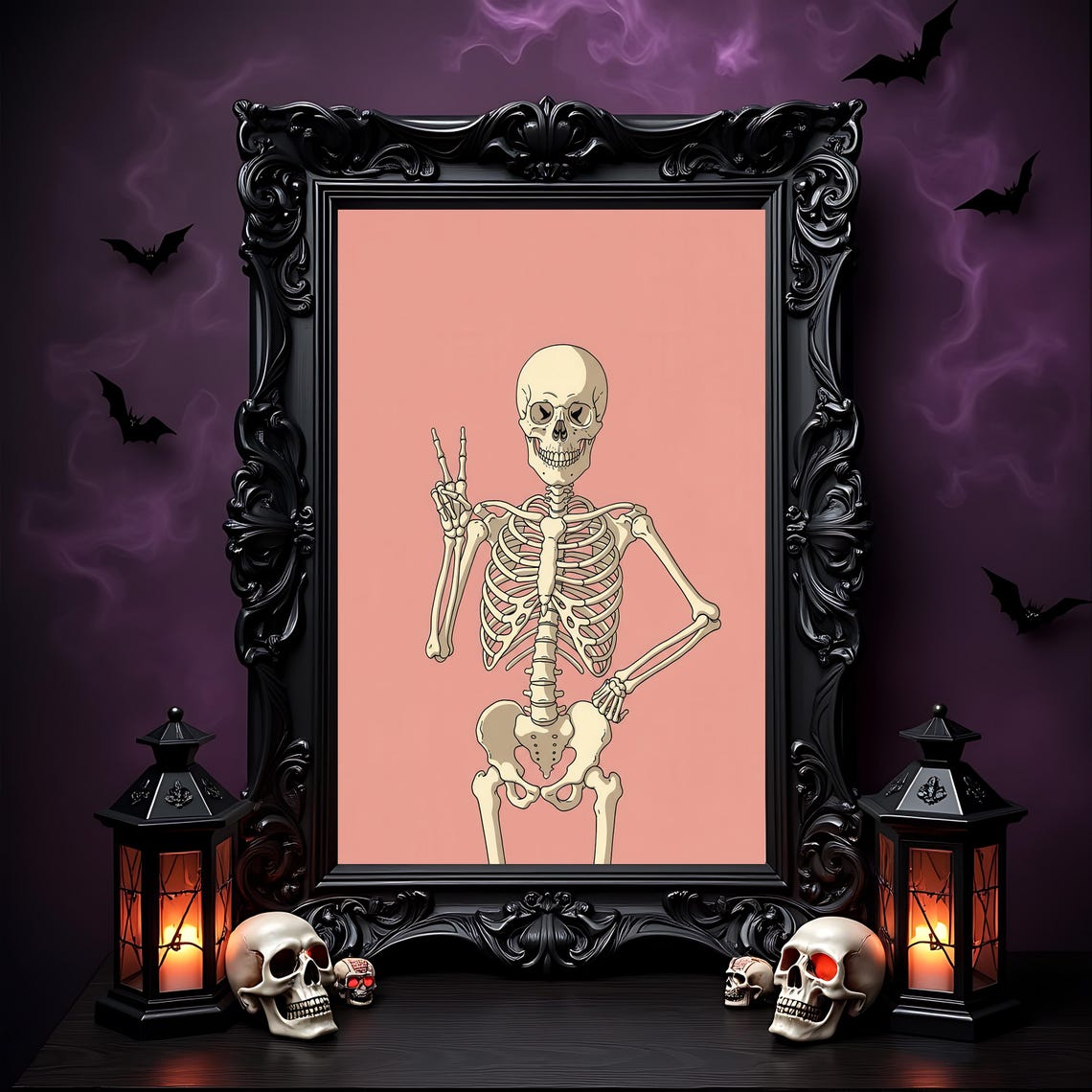 Peace Sign Skeleton Art Print Pink Gothic Halloween Decor