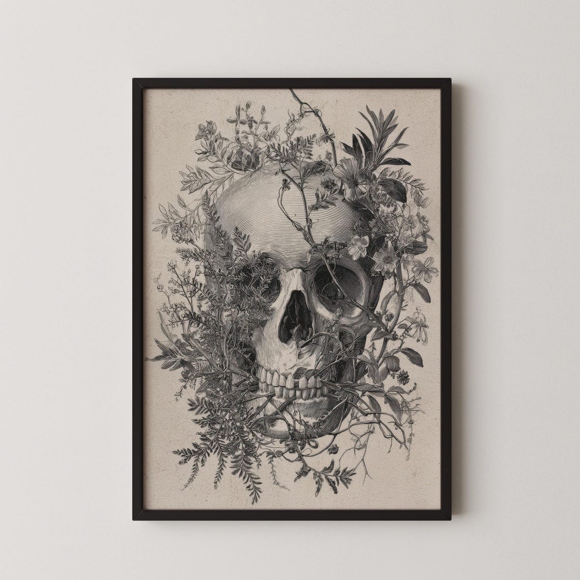 Vintage Botanical Skull Line Art Print