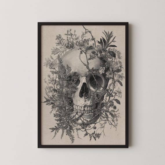 Vintage Botanical Skull Line Art Print