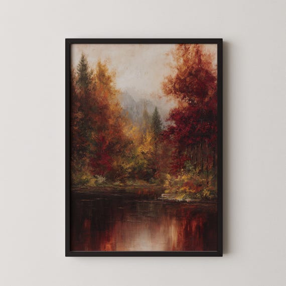 Vintage Autumn Lake Art Print Moody Forest Landscape