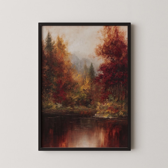 Vintage Autumn Lake Moody Dark Forest Fall Foliage Oil Poster