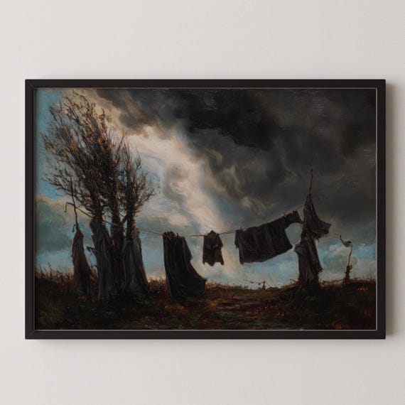 Dark Laundry Line Swaying Under a Stormy Night Sky Art Poster