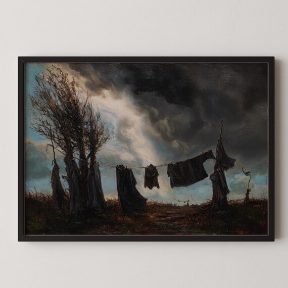 Moody Vintage Witch Laundry Line Art Dark Academia Stormy Sky Print