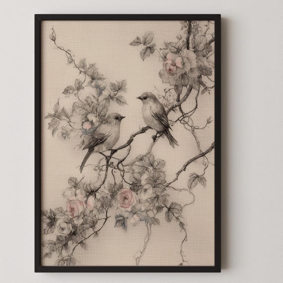 French Country Bird Art Antique Botanical Drawing Vintage Plant Print Farmhouse