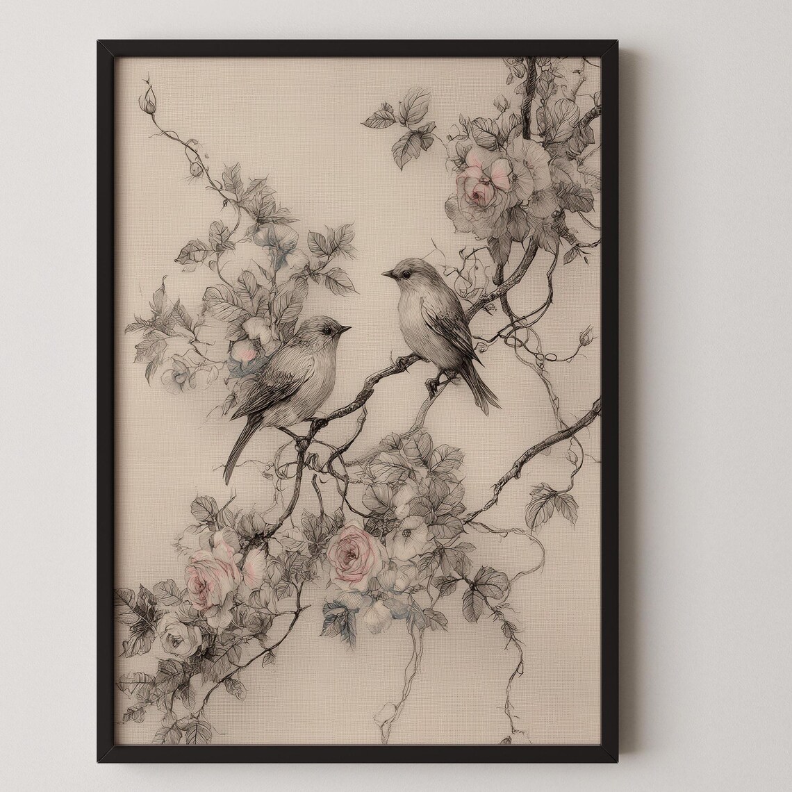 Two Songbirds On Rose Branch Antique Botanical Illustration Wall Art