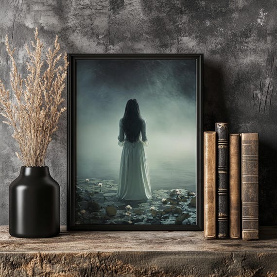 Woman in White Among Water Lilies Dark Academia Ophelia Art Print