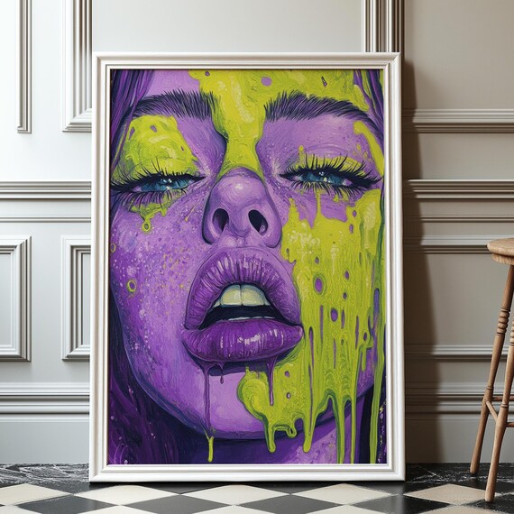 Y2k Girl Portrait Print Funky Dill Green Purple Drip Art