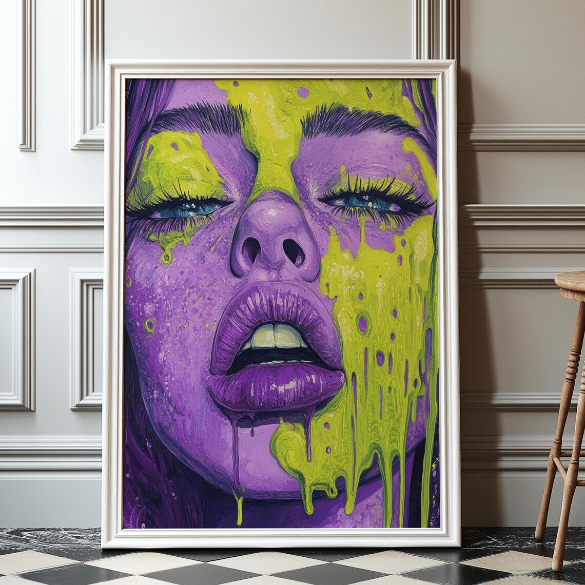 Y2k Girl Portrait Print Funky Dill Green Purple Drip Art