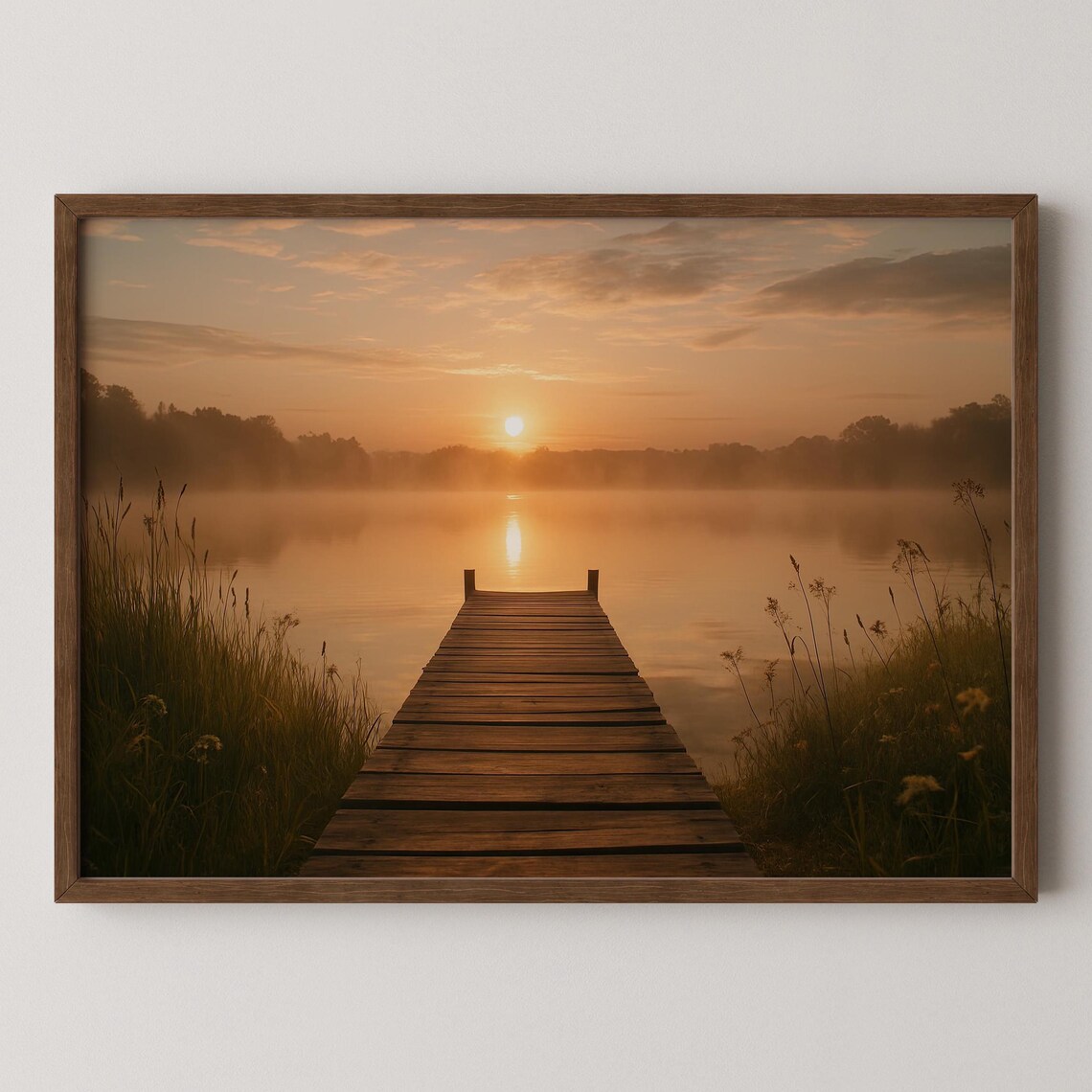 Sunrise Lake Dock Art Print, Tranquil Nature Photo