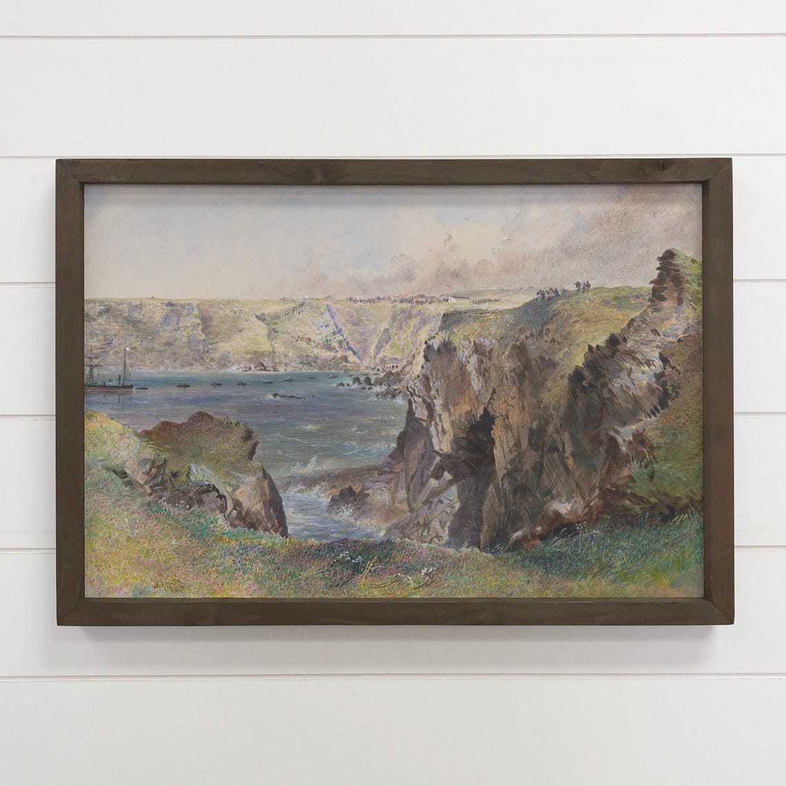 Rocky Coast Cliffs Sailboat Seascape Painting Framed Wall Art
