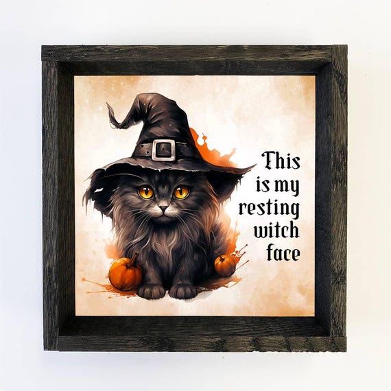 Resting Witch Face Black Cat Funny Framed Halloween Art Animal