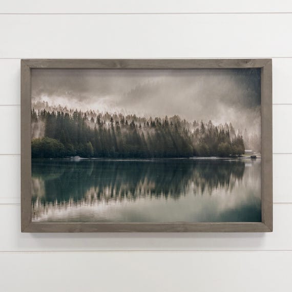 Moody Forest Print Pines Misty Lake Landscape Canvas Art Wood Framed