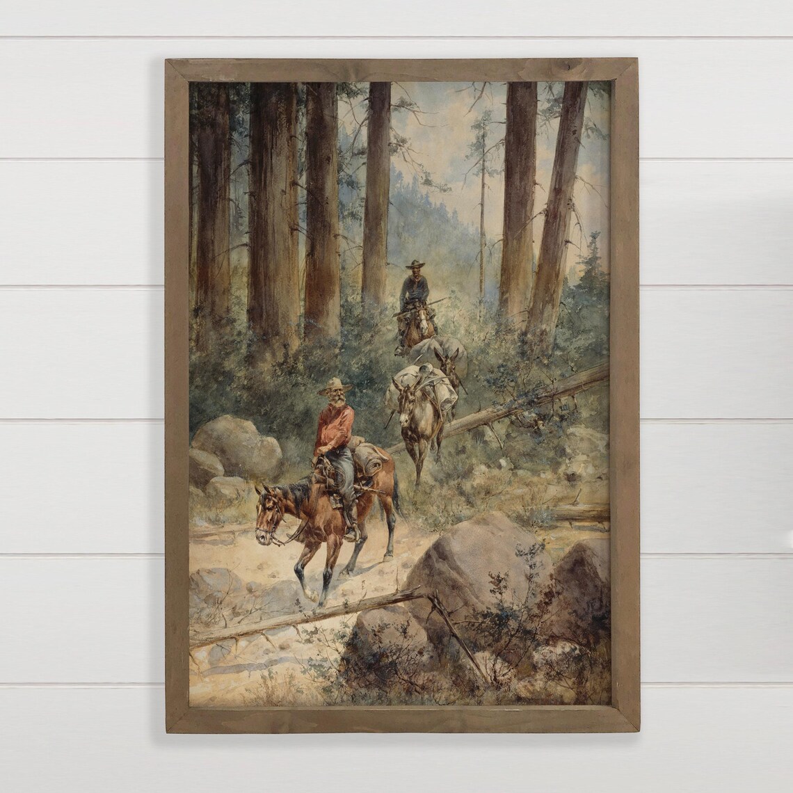 Western Cowboys Riding Horses Through Redwood Forest Painting Poster