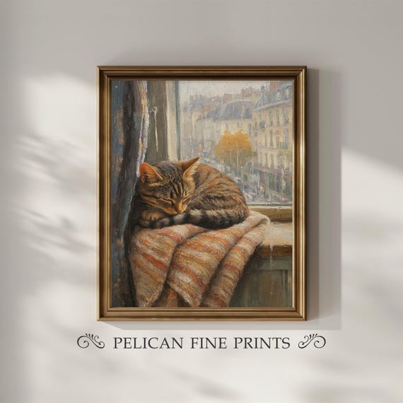 Cozy Cat Wall Art Rainy Window Vintage Painting Paris Apartment Print Tabby Rustic Home Decor V4