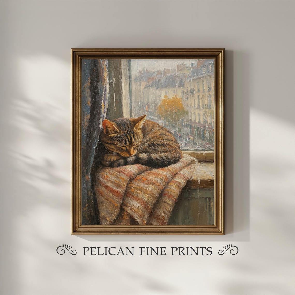 Sleeping Tabby Cat on Window Cushion Rainy Day Cozy Painting Poster