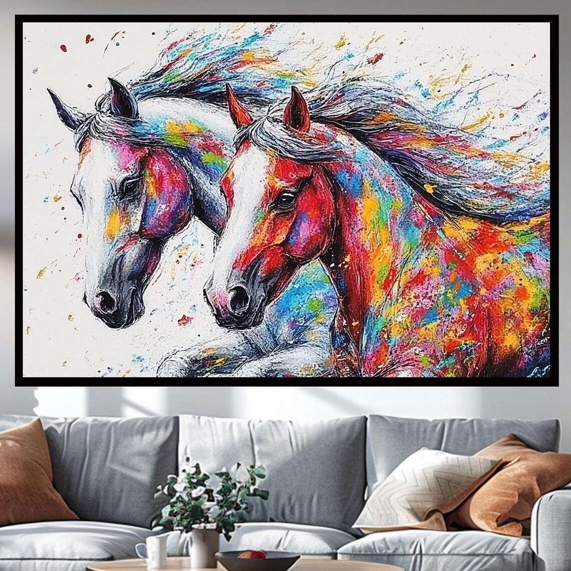 Colorful Abstract Pair of Horse Heads Modern Artistic Wall Art