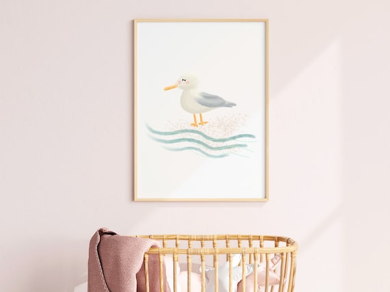 Sweet Seagull on Waves Watercolor Beach Nursery Kids Wall Art