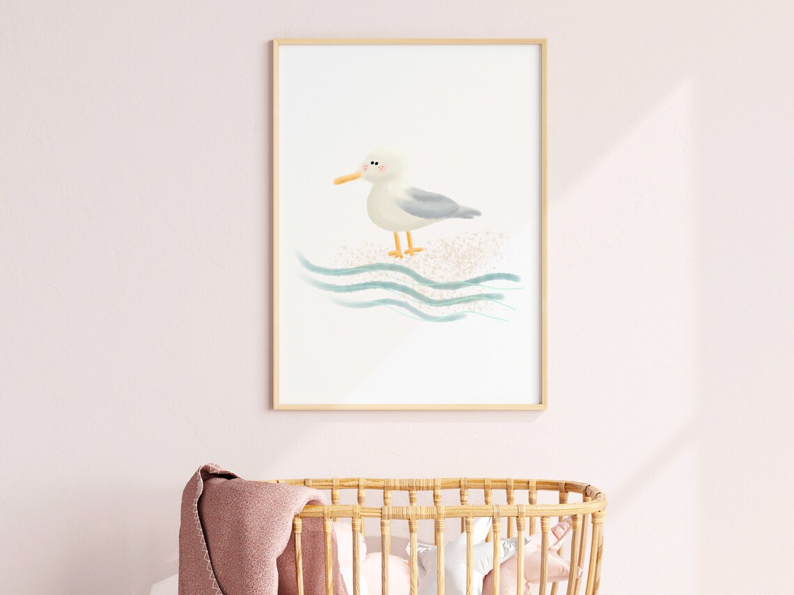 Sweet Seagull on Waves Watercolor Beach Nursery Kids Wall Art