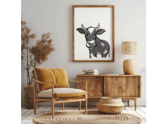 Cow Line Art Print Wall Large Snout Picture For Nursery Bathroom Farm House Decor Animals