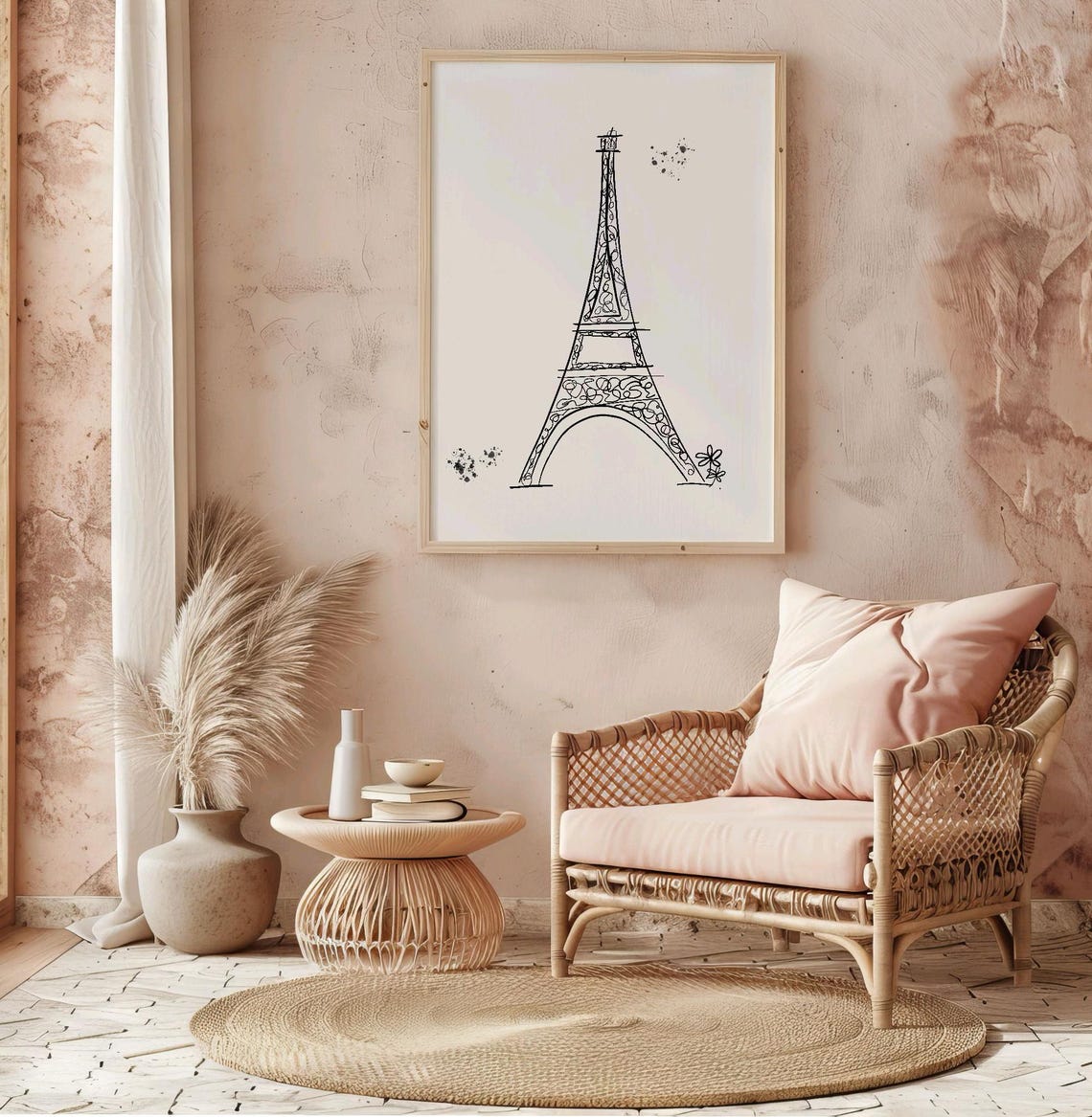 Paris Eiffel Tower Line Sketch Black Ink Nursery Wall Decor Poster