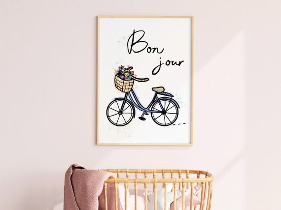 Bon Jour Banana Bike Artwork Paris Nursery Art Beach Cruiser Flower Basket Wall Print Theme Decor Inspired