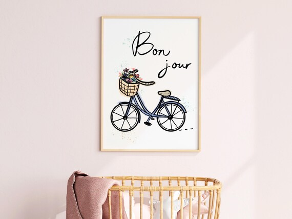 Bon Jour Script Bicycle with Flower Basket French Nursery Wall Art
