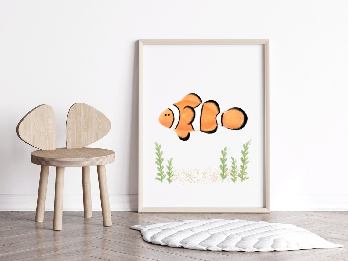 Orange Clownfish with Seaweed Cartoon Ocean Nursery Kids Wall Art