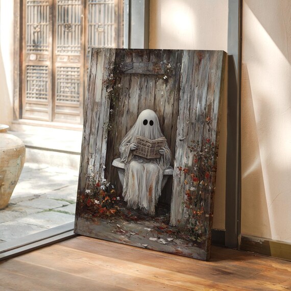 Cute Ghost Toilet Reading Newspaper Vintage Outhouse Halloween Funny Art Print