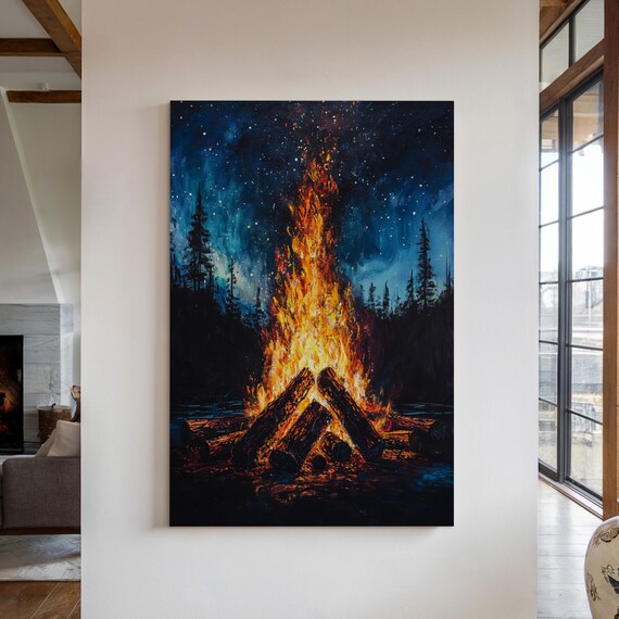 Campfire Under Starry Sky, Rustic Outdoor Adventure