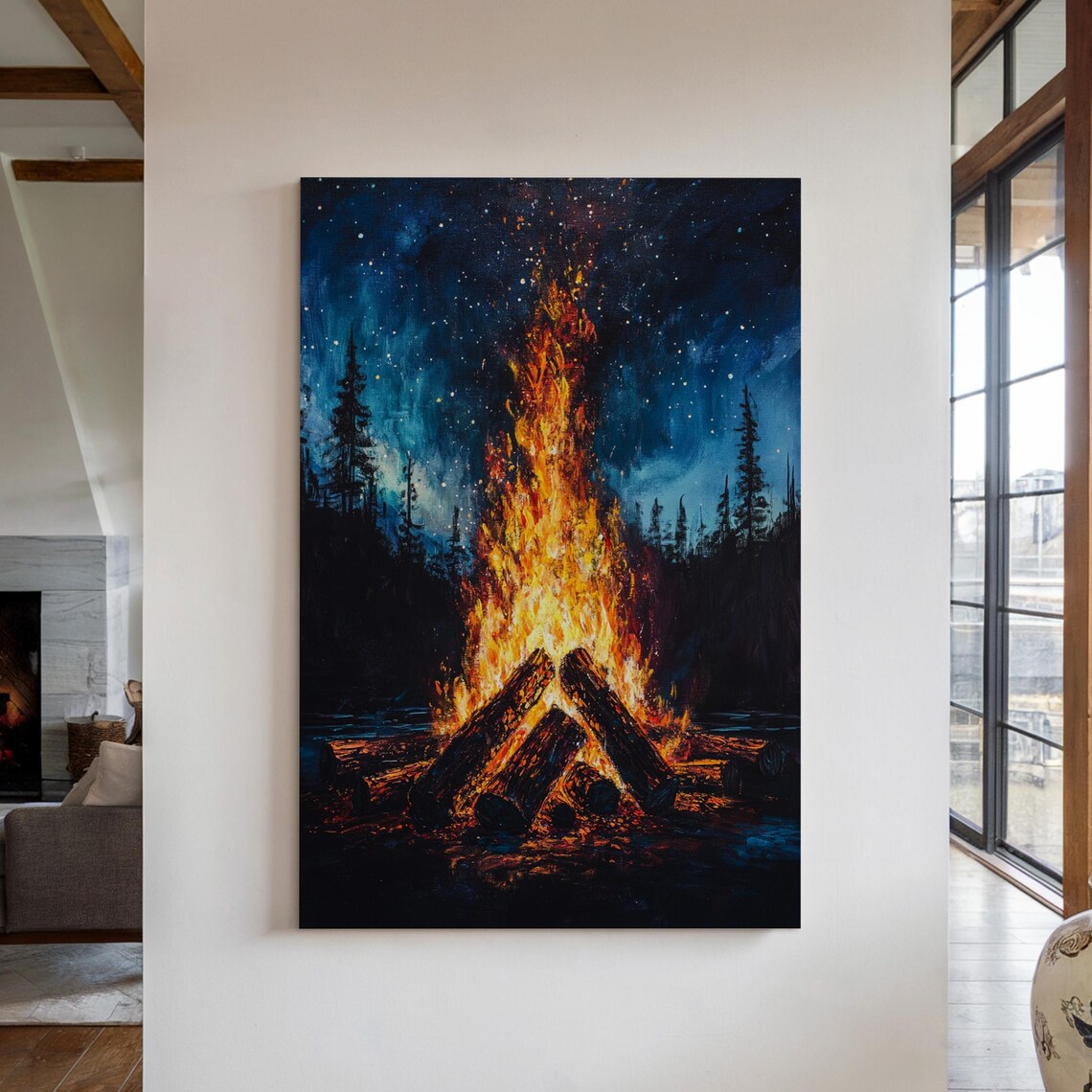 Campfire Under Starry Sky, Rustic Outdoor Adventure